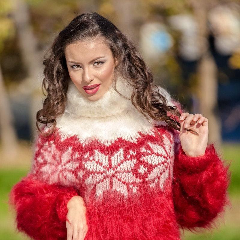 Red Mohair Sweater – Chunky Hand Knitted Nordic Wool Pullover T382