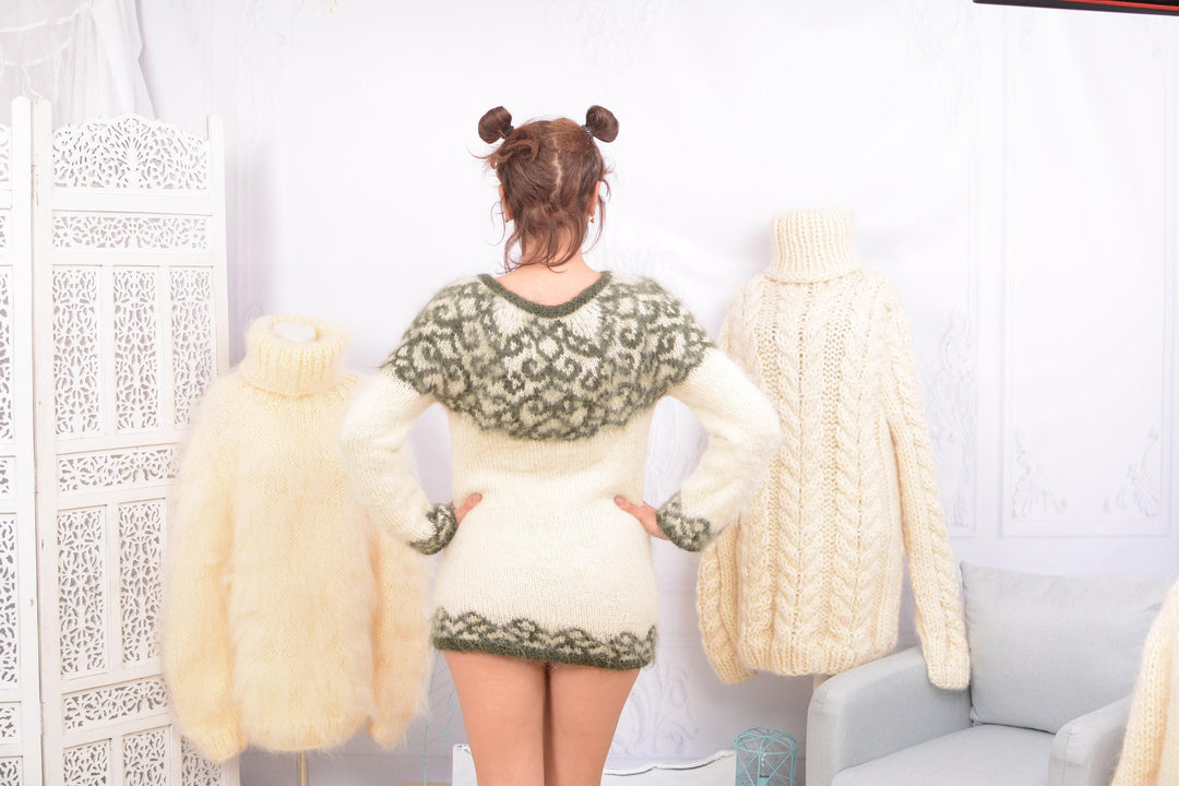 Lopi Mohair Sweater – Hand Knitted Icelandic Fair Isle Pullover T744