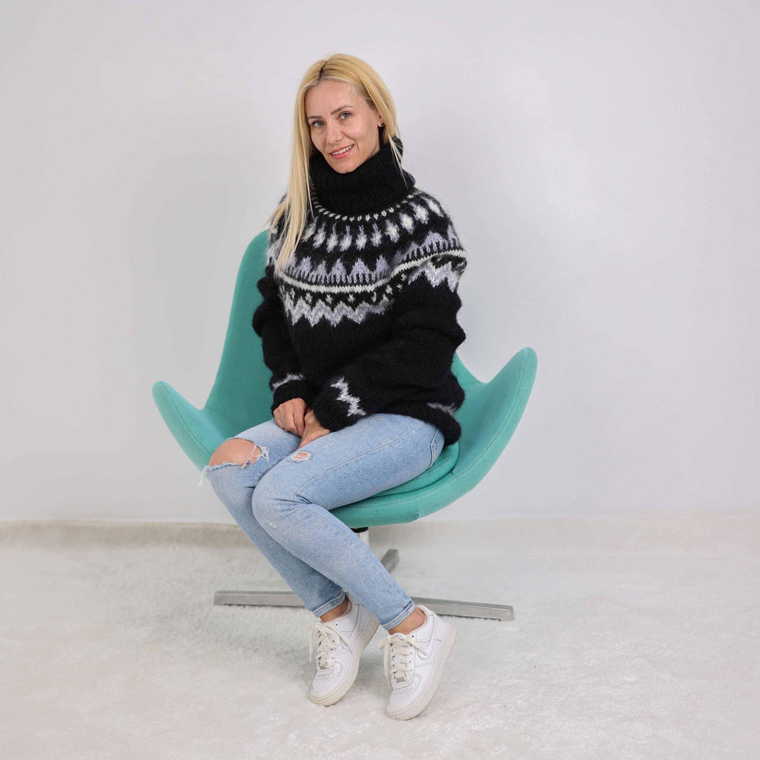 Black Icelandic Sweater, Hand Knitted Mohair Wool Nordic Pullover T1874