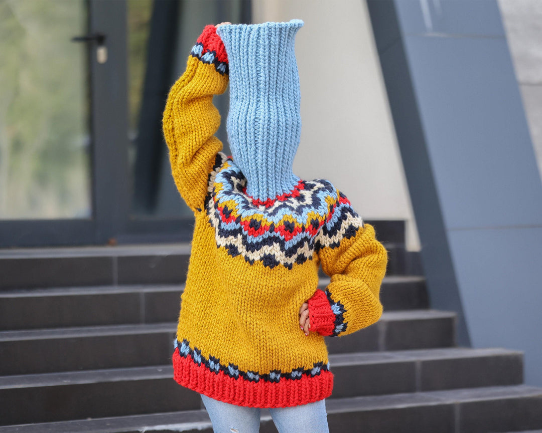 Super Chunky Nordic Wool Sweater with 60 cm Turtleneck, Hand Knitted 5-Strand Pullover T1498