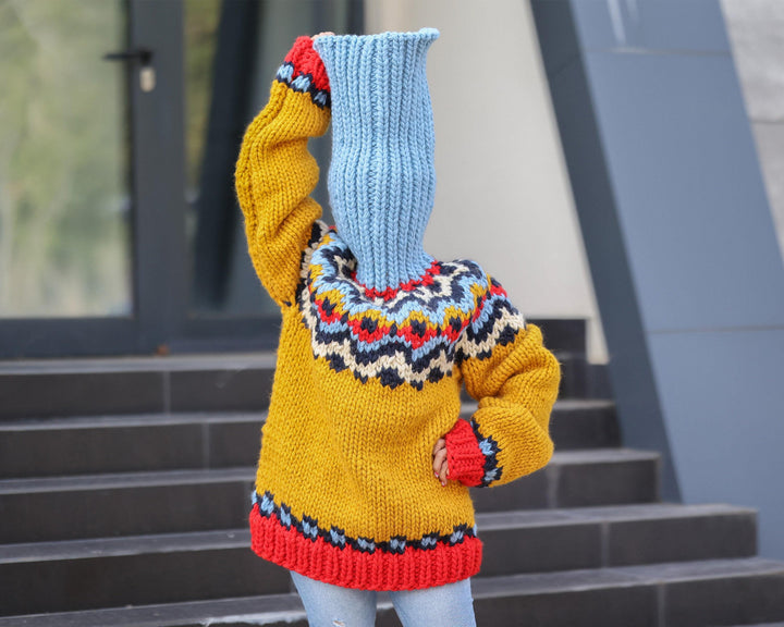Super Chunky Nordic Wool Sweater with 60 cm Turtleneck, Hand Knitted 5-Strand Pullover T1498