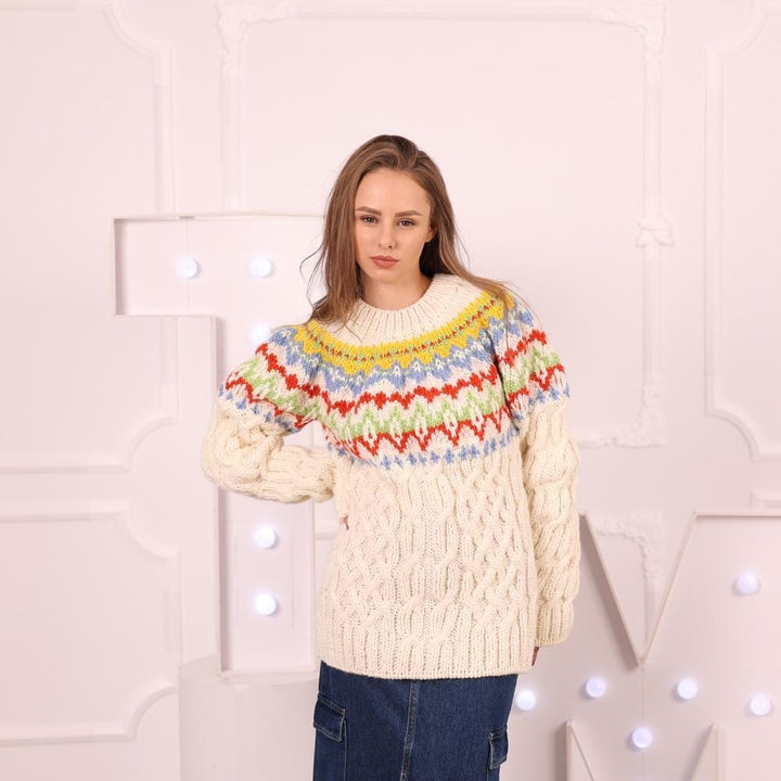 Icelandic Wool Sweater with Cables, Hand Knitted Nordic Wool Pullover T2028