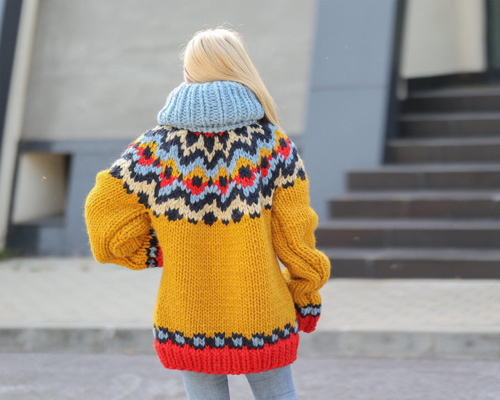 Super Chunky Nordic Wool Sweater with 60 cm Turtleneck, Hand Knitted 5-Strand Pullover T1498