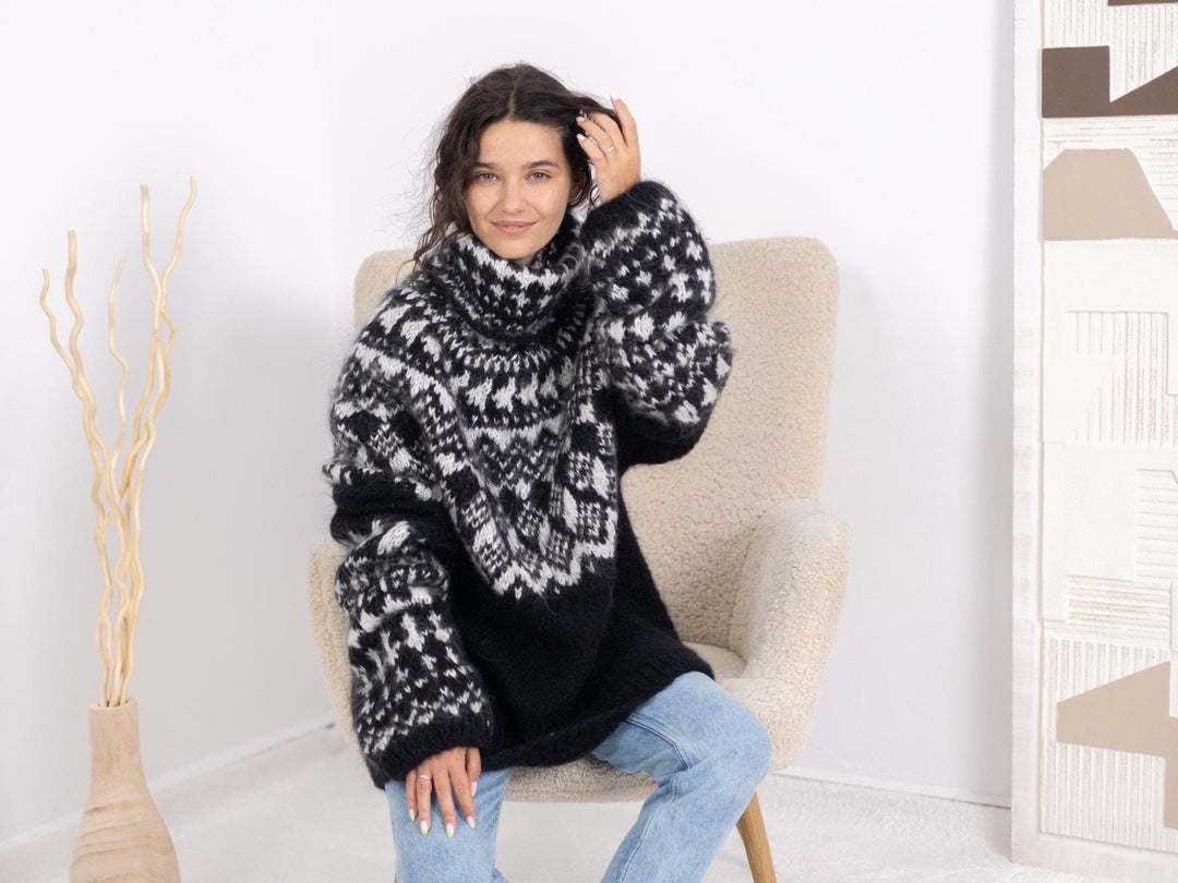 Norwegian Mohair Sweater, Hand Knitted Nordic Wool Pullover T1689