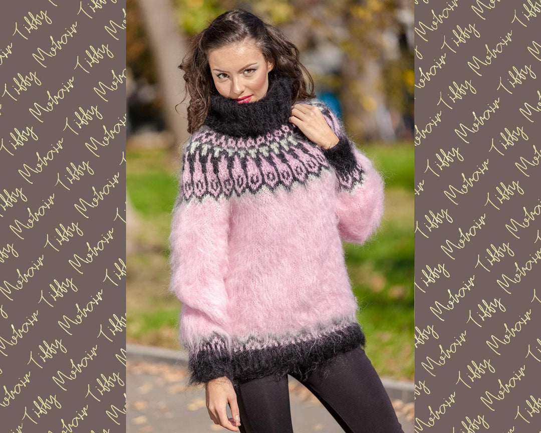 Pink Mohair Sweater – Hand Knitted Icelandic Lopi Wool Pullover T383
