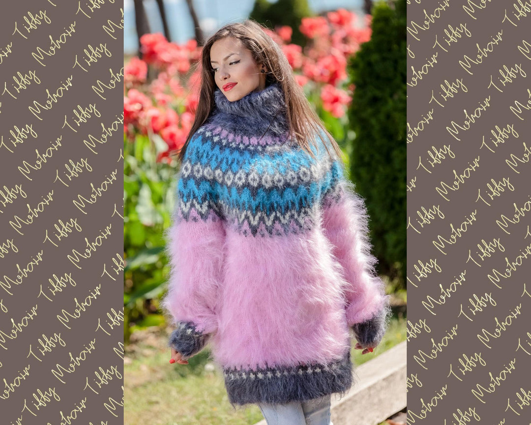 Fair Isle Mohair Sweater – Hand Knitted Icelandic Wool Pullover T358