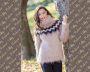 Isländischer Mohair-Pullover – Handgestrickter beiger Wollpullover T378