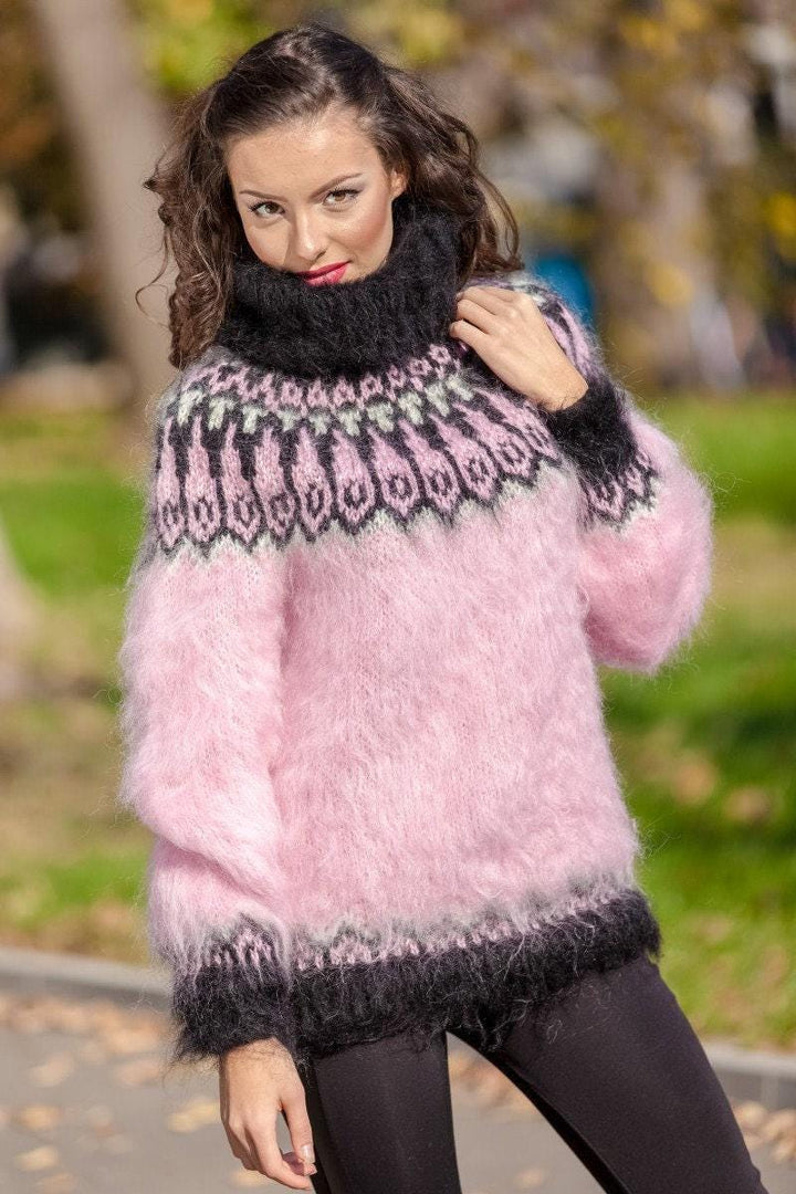 Pink Mohair Sweater – Hand Knitted Icelandic Lopi Wool Pullover T383