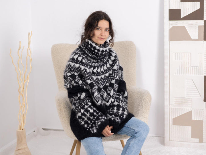 Norwegian Mohair Sweater, Hand Knitted Nordic Wool Pullover T1689