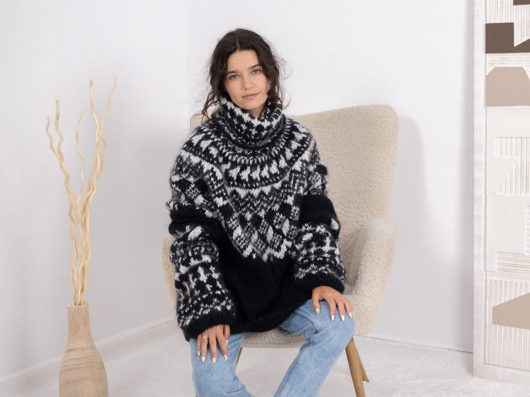 Norwegian Mohair Sweater, Hand Knitted Nordic Wool Pullover T1689