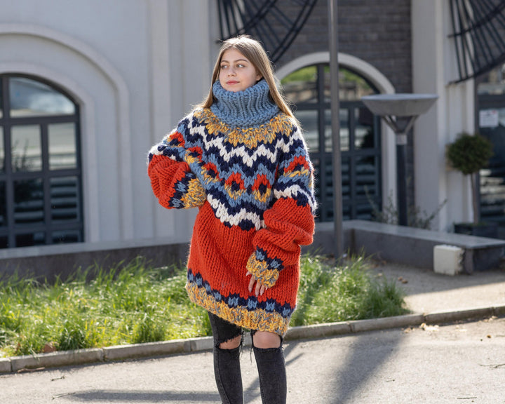 Super Chunky Nordic Wool Sweater, Hand Knitted Thick Pullover T1031