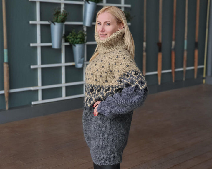 Icelandic Wool Sweater, Hand Knitted Norwegian Style Pullover T933