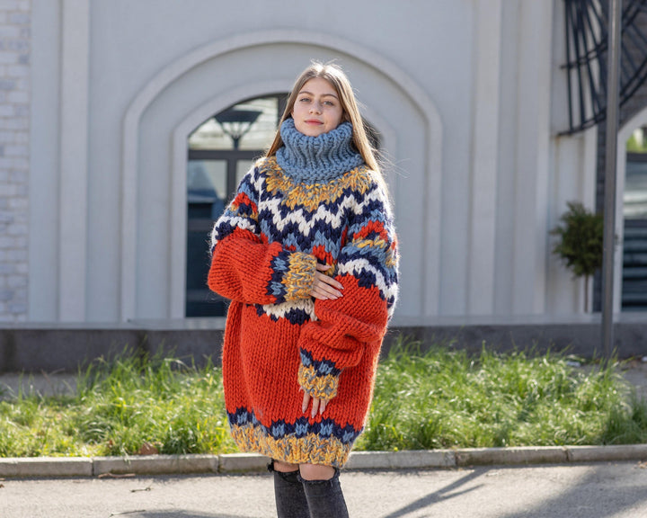 Super Chunky Nordic Wool Sweater, Hand Knitted Thick Pullover T1031