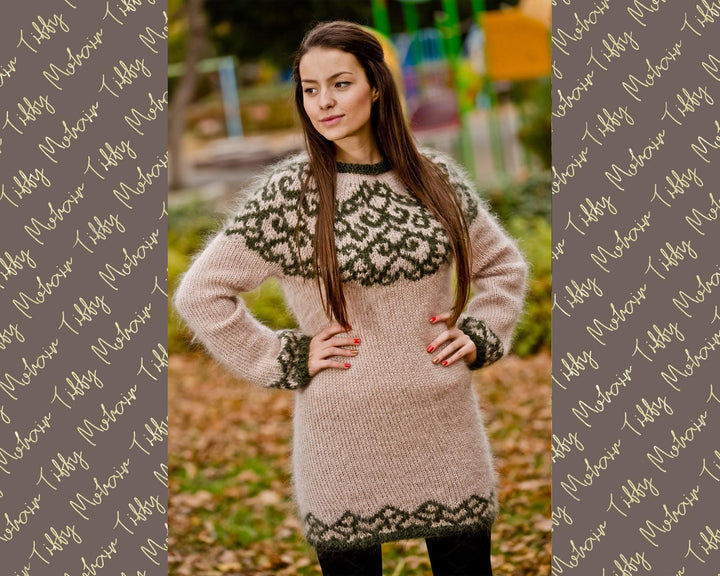 Beige Mohair Sweater – Chunky Hand Knitted Norwegian Wool Pullover T198
