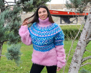 Rosa isländischer Mohairpullover – Handgestrickter flauschiger Rollkragenpullover T917