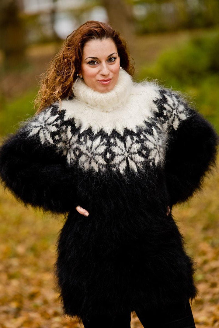 Black Mohair Sweater – Fluffy Hand Knitted Icelandic Wool Pullover T196