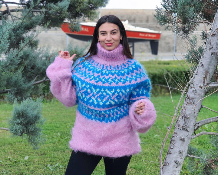Pink Icelandic Mohair Sweater – Hand Knitted Fluffy Turtleneck Pullover T917