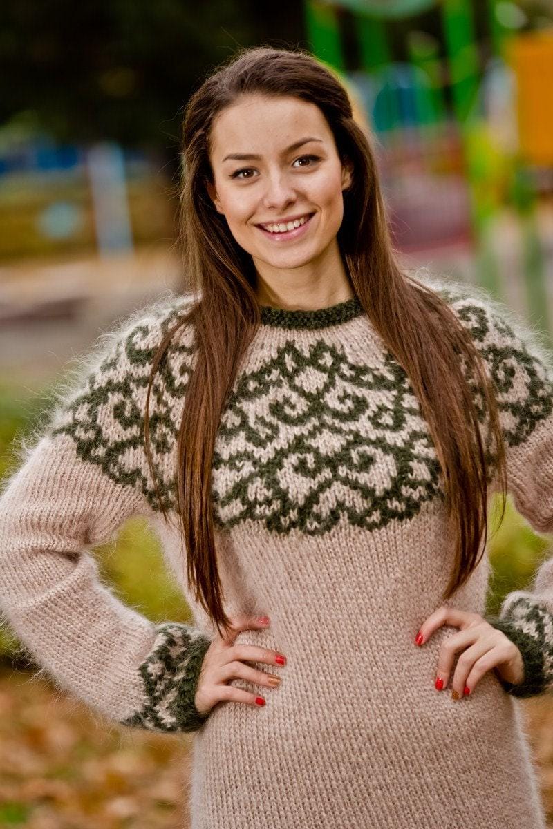 Beige Mohair Sweater – Chunky Hand Knitted Norwegian Wool Pullover T198
