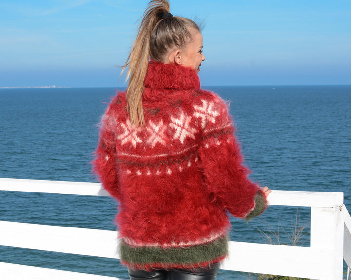 Red Norwegian Mohair Sweater – Hand Knitted Nordic Fair Isle Pullover T678