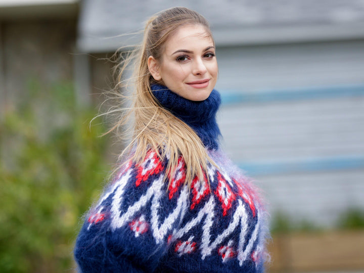 Blue Icelandic Mohair Sweater – Hand Knitted Norwegian Pullover T1119