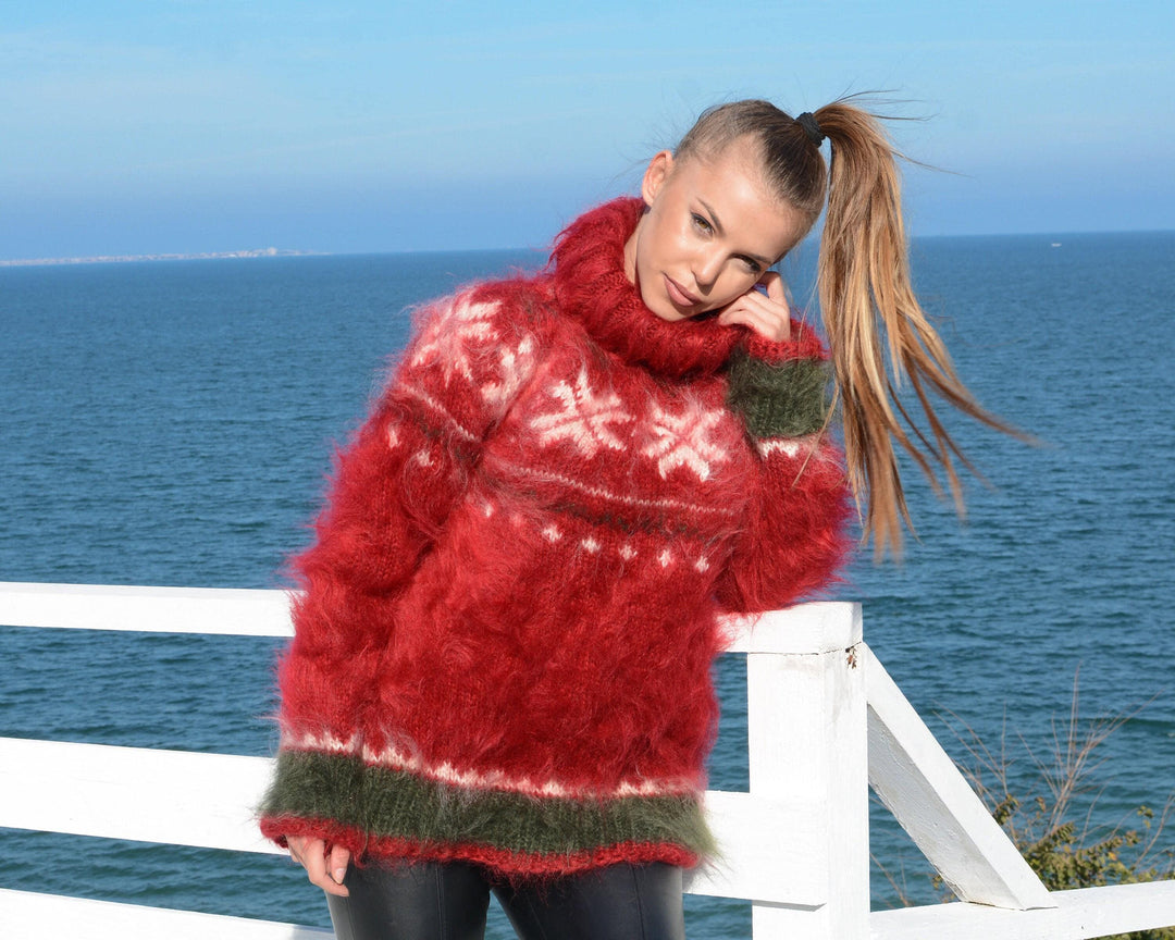 Red Norwegian Mohair Sweater – Hand Knitted Nordic Fair Isle Pullover T678