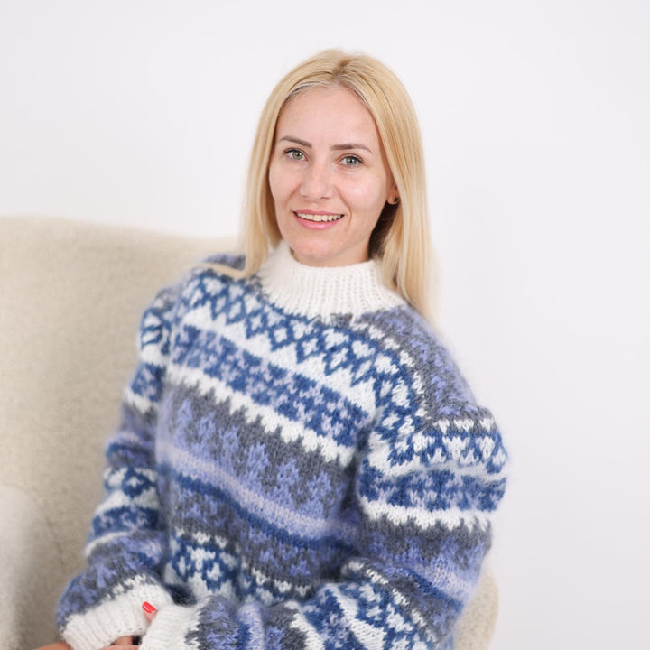 Icelandic Mohair Sweater, Hand Knitted Blue and White Nordic Pullover T1901
