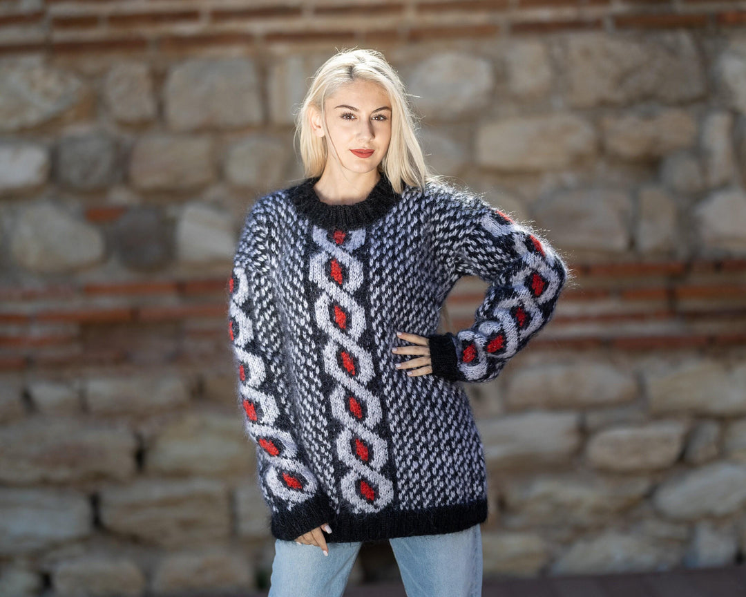 Colorful Mohair Sweater – Hand Knitted Icelandic Norwegian Pullover T1407
