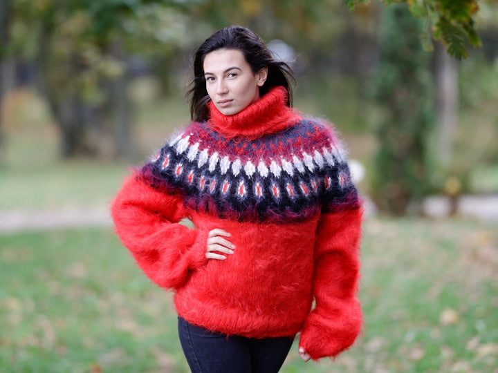 Red Icelandic Sweater – Hand Knitted Mohair Pullover T1116