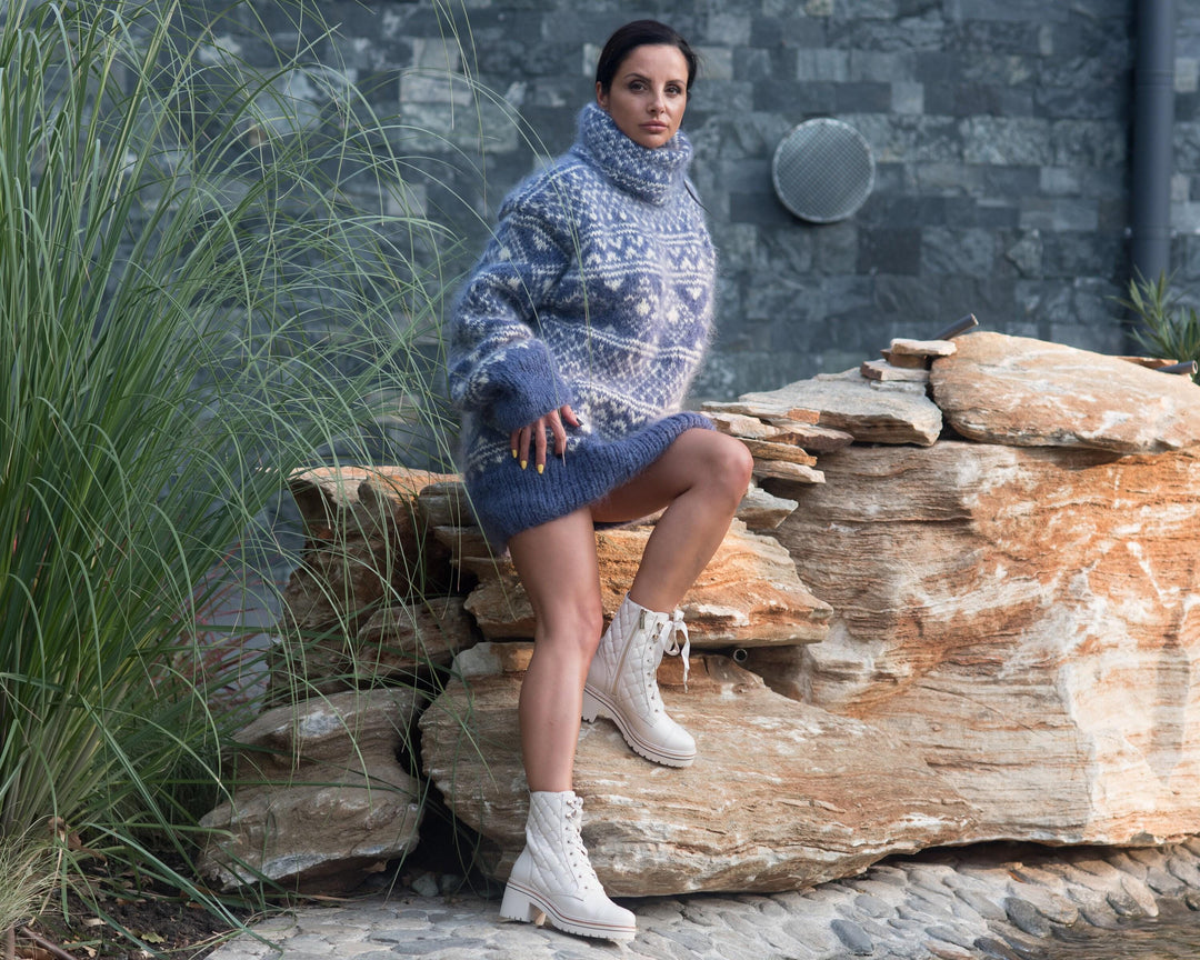 Blue Mohair Sweater – Hand Knitted Icelandic Nordic Pullover T835W