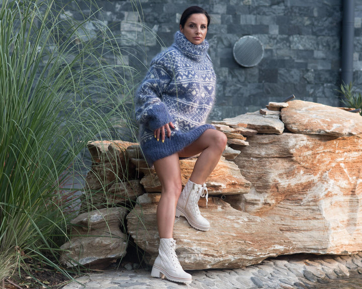 Blue Mohair Sweater – Hand Knitted Icelandic Nordic Pullover T835W