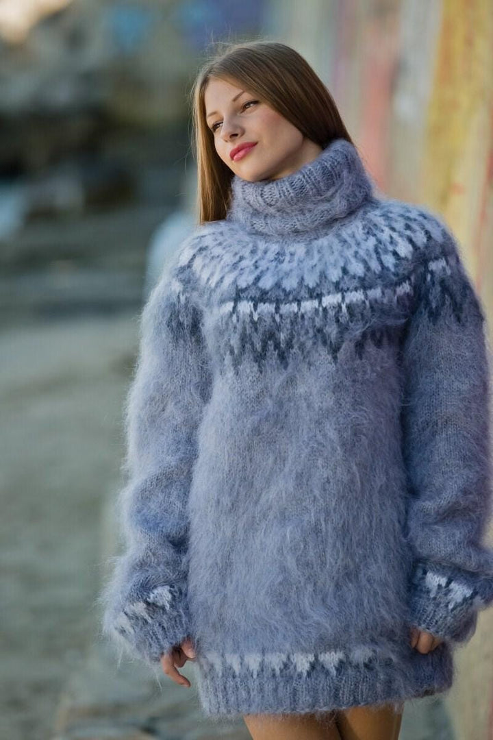 Gray Mohair Sweater – Hand Knitted Icelandic Nordic Pullover T139