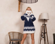 Pull Bleu en Mohair – Tricoté Main, Motif Islandais T836W