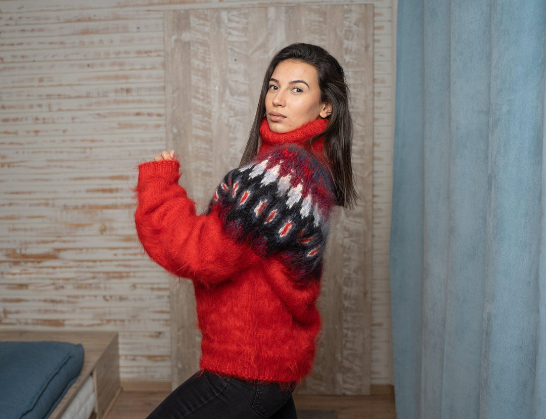 Red Icelandic Sweater – Hand Knitted Mohair Pullover T1116