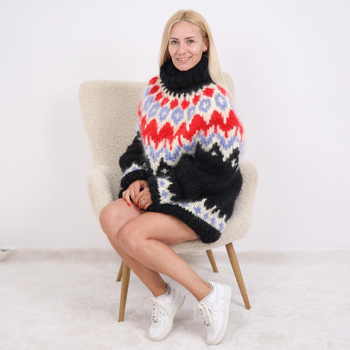 Icelandic Mohair Sweater, Hand Knitted 5-Strand Nordic Turtleneck Pullover T1900