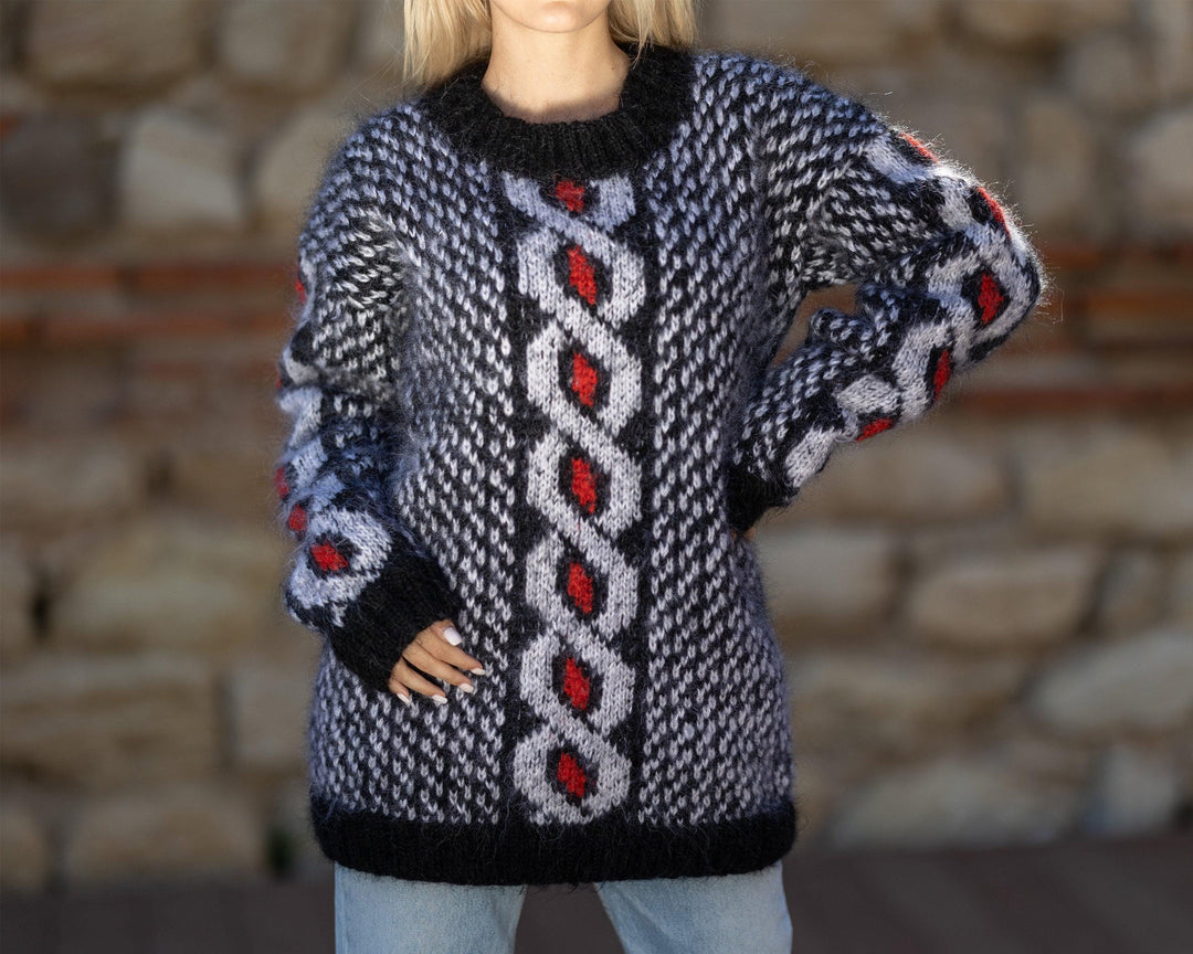 Colorful Mohair Sweater – Hand Knitted Icelandic Norwegian Pullover T1407