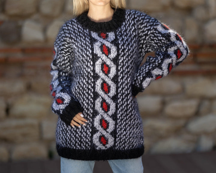 Colorful Mohair Sweater – Hand Knitted Icelandic Norwegian Pullover T1407