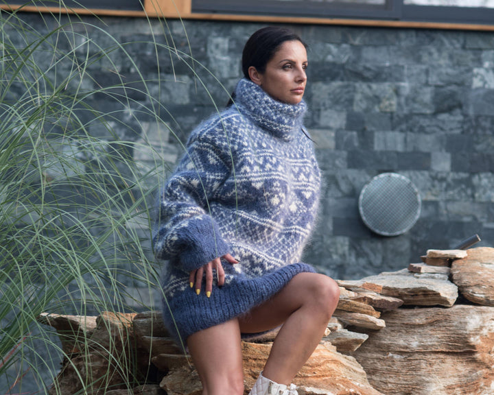 Blue Mohair Sweater – Hand Knitted Icelandic Nordic Pullover T835W