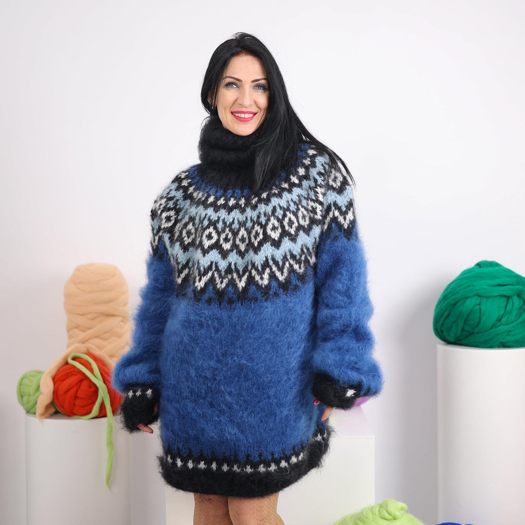 Blue Mohair Sweater – Hand Knitted Icelandic Nordic Pullover T1613