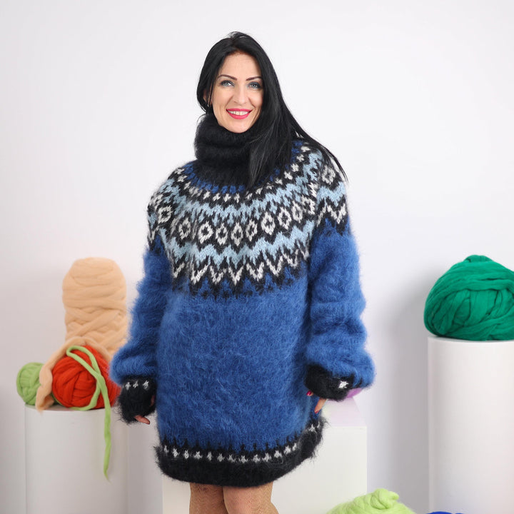 Blue Mohair Sweater – Hand Knitted Icelandic Nordic Pullover T1613