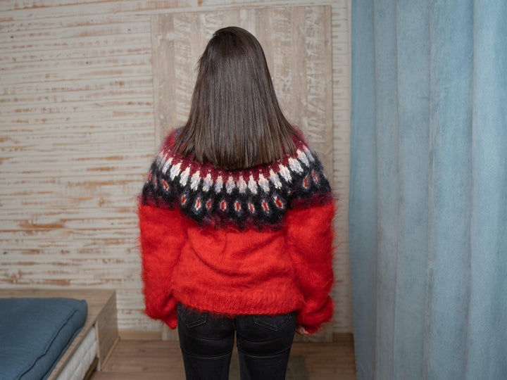 Red Icelandic Sweater – Hand Knitted Mohair Pullover T1116
