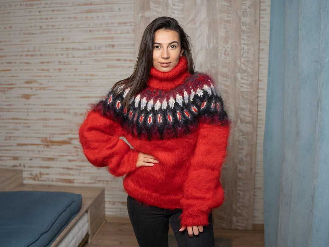 Red Icelandic Sweater – Hand Knitted Mohair Pullover T1116