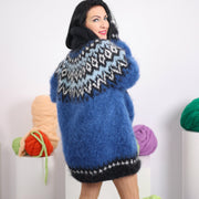 Blauer Mohairpullover – handgestrickter isländischer nordischer Pullover T1613
