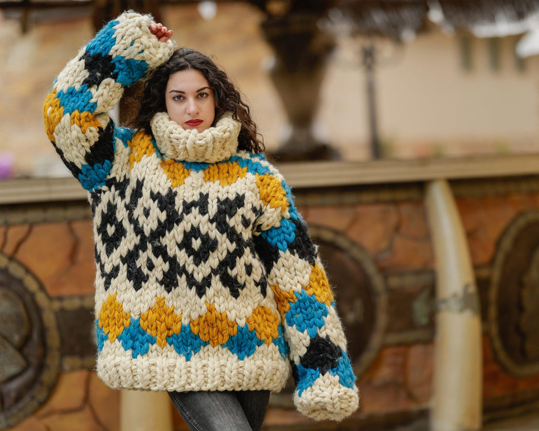 Extra Chunky Icelandic Wool Sweater, Hand Knitted 10-Strand Pullover T1403