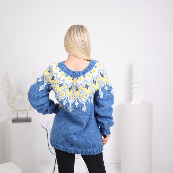 Lopi Wool Sweater – Hand Knitted Icelandic Blue Pullover T1631