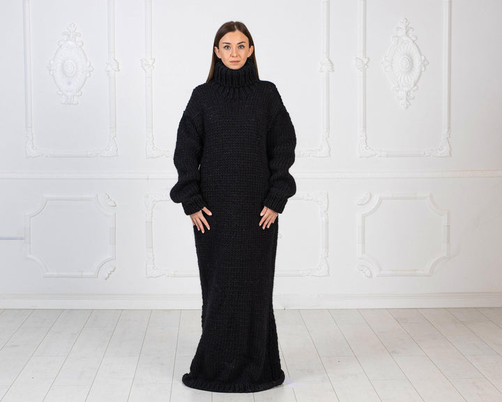 Black Wool Knit Maxi Dress, Chunky Turtleneck Sweater Dress