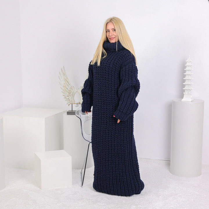 5 Strands Mixed Yarns Sweater Dress, Hand Knitted Chunky Long Maxi Dress T1655