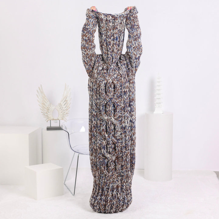 5 Strands Wool Dress, Hand Knitted Chunky Maxi Dress with 50 cm Turtleneck T1656