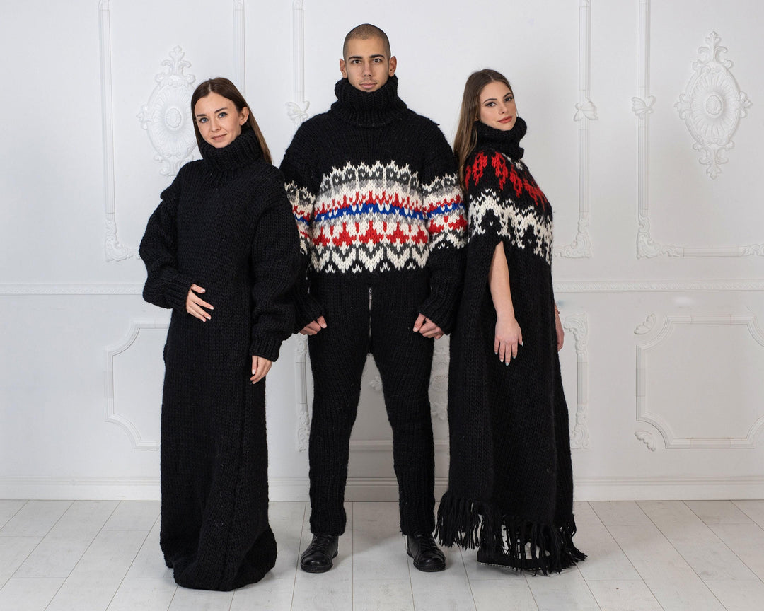 Black Wool Knit Maxi Dress, Chunky Turtleneck Sweater Dress