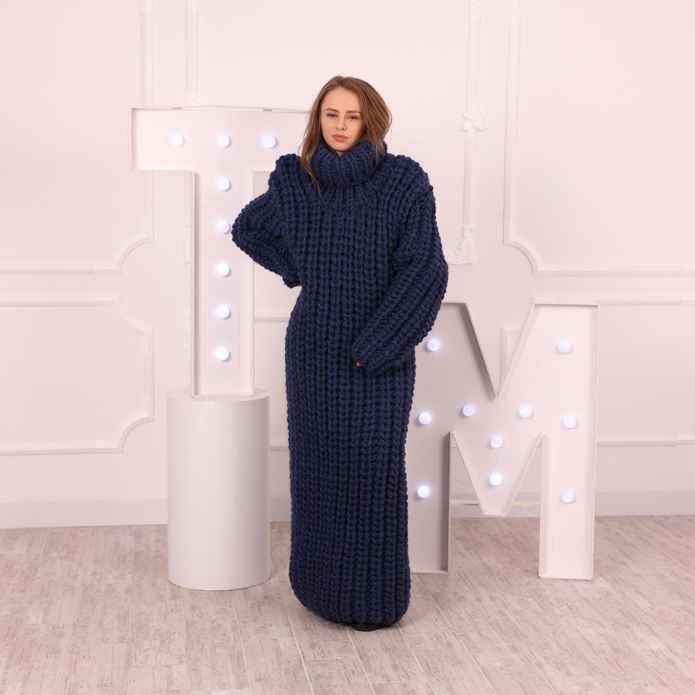 Denim Blue Wool Dress, Hand Knitted 5 Strand English Rib Long Maxi Dress T2034