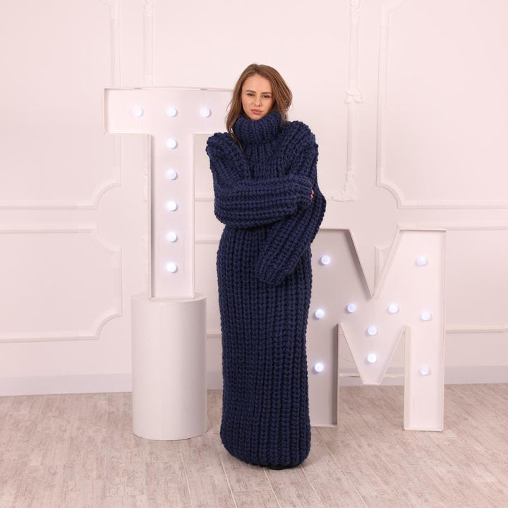 Denim Blue Wool Dress, Hand Knitted 5 Strand English Rib Long Maxi Dress T2034